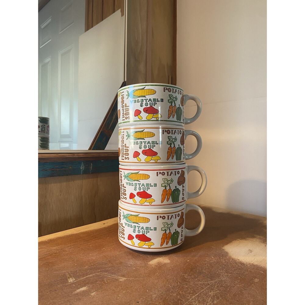 Vintage Soup Mug Set Pop Art Stackable Soup Mugs 1970s Retro Ceramic